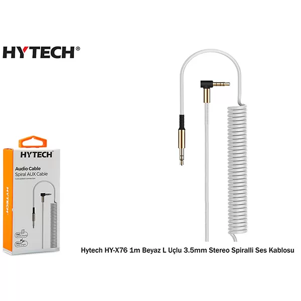 Aux Kabloları Hytech Hyx76 1M L Uçlu 3.5Mm Stereo Spiralli Ses Kablosu,Beyaz 