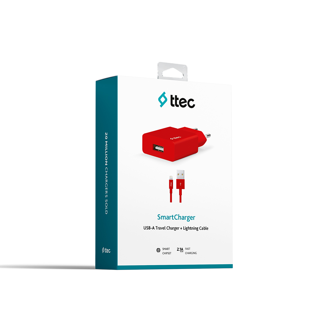 Ev Şarj Adaptörü Ttec 2SCS20MK SmartCharger 2.1A Seyahat Şarj Aleti + Micro USB Kablo,Kırmızı 