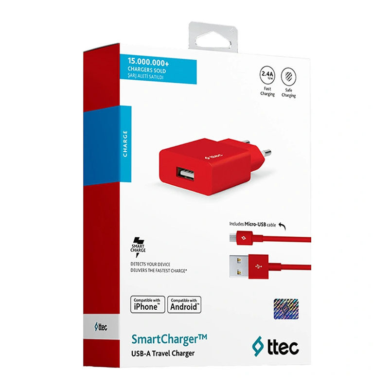 Ev Şarj Adaptörü Ttec 2SCS20MK SmartCharger 2.1A Seyahat Şarj Aleti + Micro USB Kablo,Kırmızı 